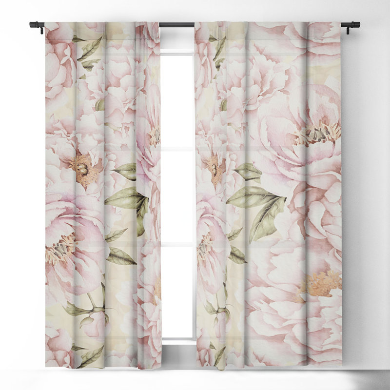 Utart Pastel Blush Pink Spring Watercolor Peony Flowers Pattern 1pc Blackout Window Curtain Panel, 50" W x 84" L