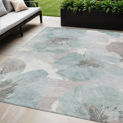 5' X 8' Blue And Sage Floral Washable Indoor Outdoor Area Rug