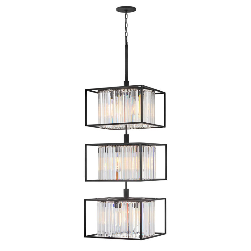 Giada Three-Light Multi-Tier Vertical Chandelier w/ Three Crystal Prism Drums