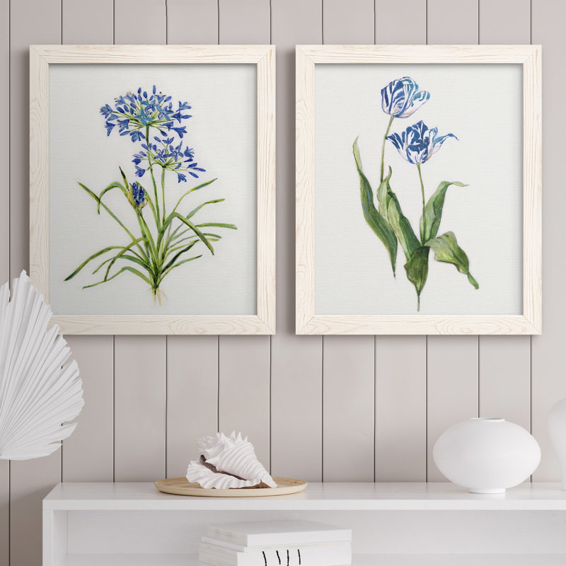 «Blue Lived Botanical I», ensemble de 2 peintures sur toile encadrées, Blanc, H 37,5 po x l 55 po x P 1,5 po