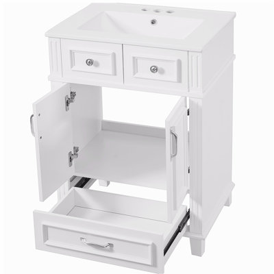 24'' Bathroom Vanity with Ceramic Sink,Solid Wood Frame Bathroom Storage Cabinet with Soft Closing Doors,Retro Style, White