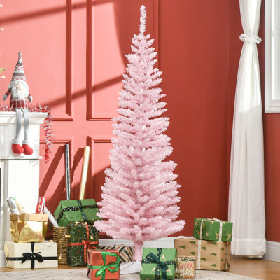 Arbre de Noël artificiel rose 5 pi avec 294 pointes de branches et support en plastique stable, antidéflagrant, base d'assemblage facile, base mince et robuste, étapes d'installation