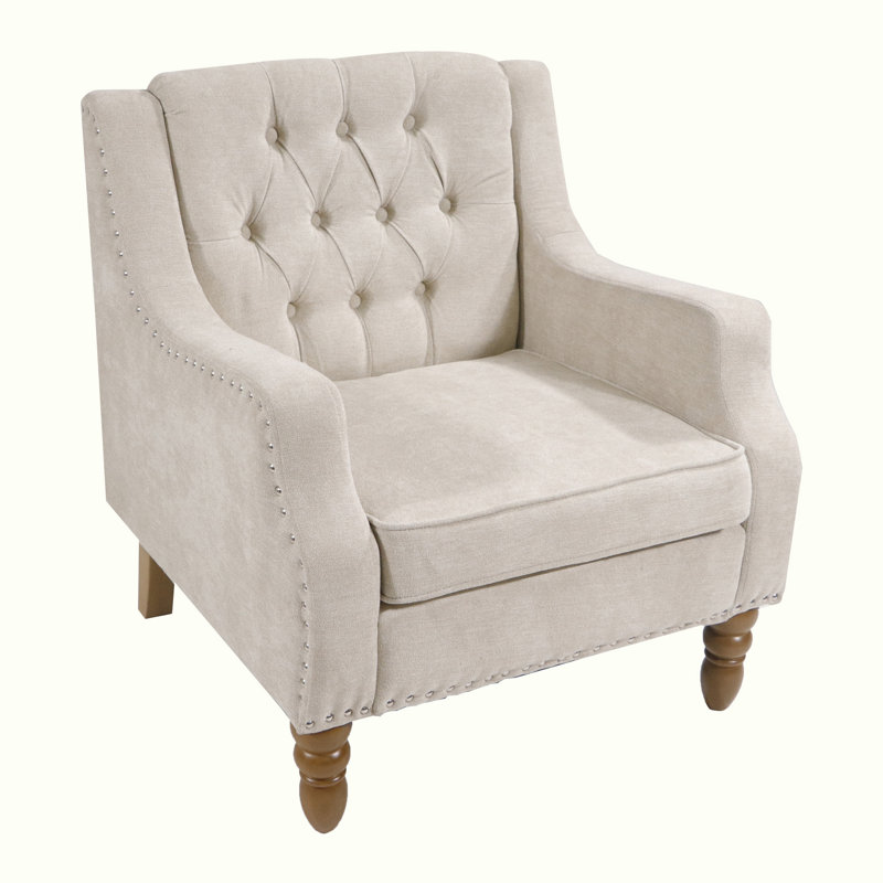 Accent Chair, Living Room Chair, Footrest Chair Set with Vintage Brass Studs, Beige Linen 