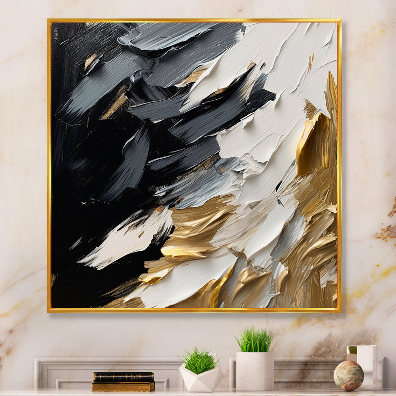 Golden Wave Reflections V - Art mural abstrait grand, H 16 po x l 16 po x P 1 po, Toile avec cadre flottant or