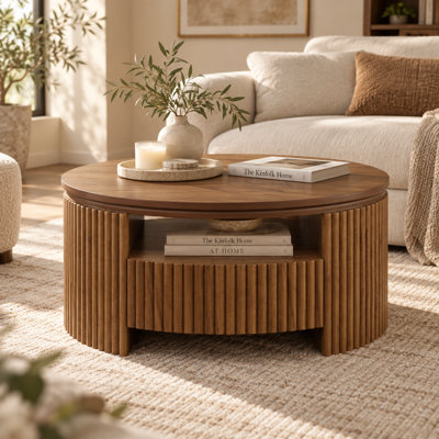 Table basse ronde moderne du milieu du siècle avec 2 tiroirs dissimulés et une étagère ouverte, table basse cylindrique cannelée en noyer pour salon