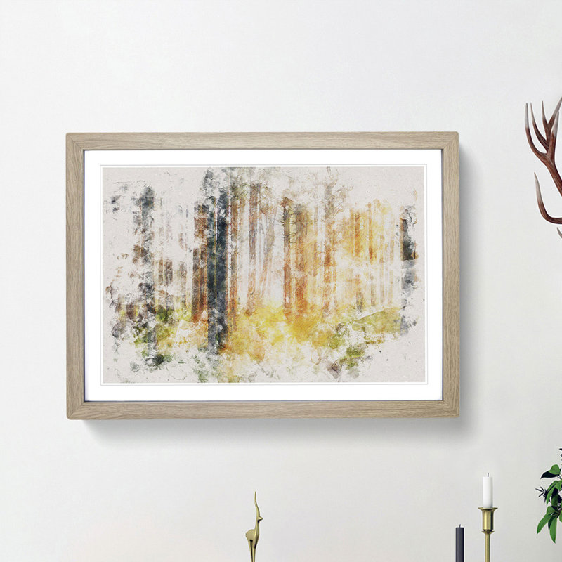 Rays of Light Through an Autumn Forest Watercolour - Picture Frame Graphic Art Print, 36cm H x 48cm W x 2cm D, Oak Framed