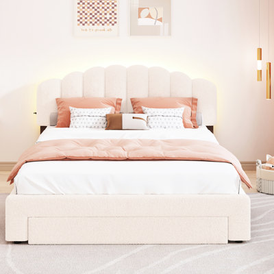 Lit plateforme moelleux avec raccord de tiroir et de tête de lit rembourré beige pour une expérience de sommeil confortable