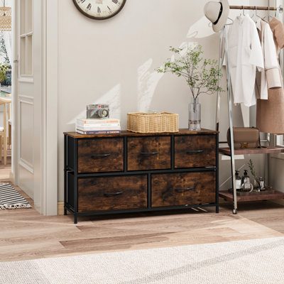5-Drawer Fabric Dresser With Wood Top, Metal Frame, And Adjustable Feet – Storage Organizer For Bedroom, Closet, Living Room, Or Entryway by Rebrilliant