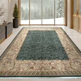 Hand Knotted Wool Oriental Area Rug in Green And Cream