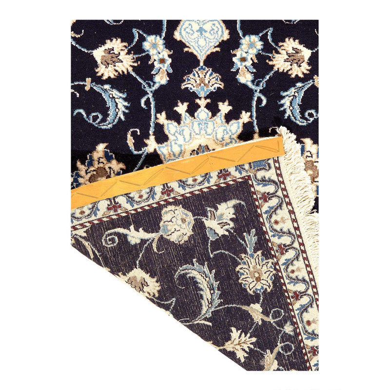 Tapis bleu marine / beige / gris à motif oriental en coton / laine Raunel
