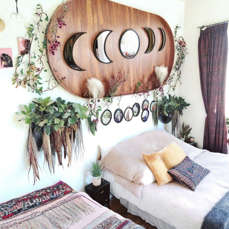 5 Pieces Wooden Moon Phase Mirror Bohemian Wall Decoration f-Not Real Mirror, Black