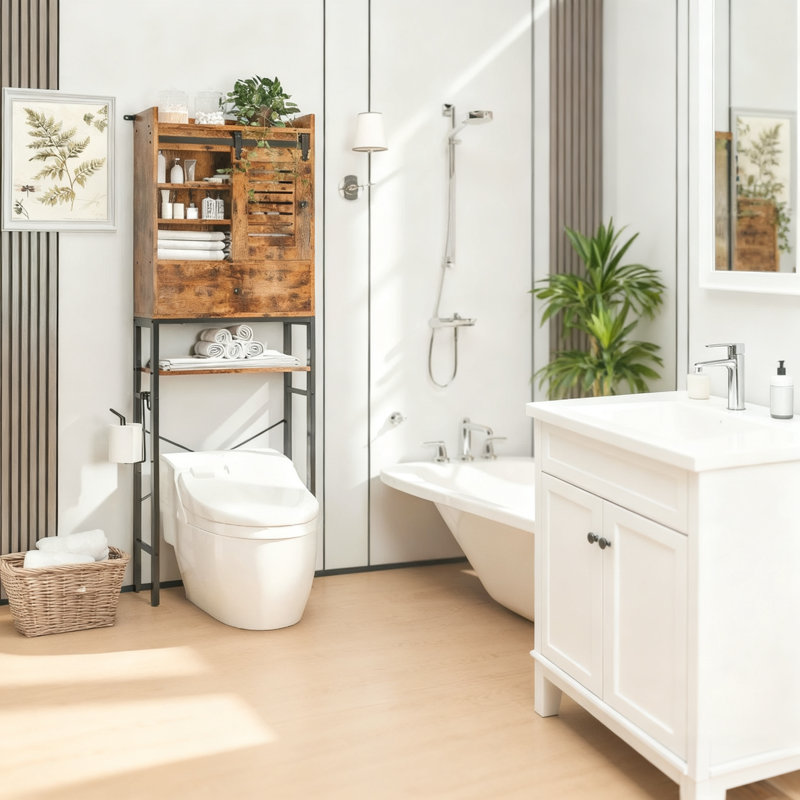 Modern Freestanding Over-The-Toilet Storage - Wood/Bamboo Bathroom Organizer, Cabinet with Doors, Vintage Brown