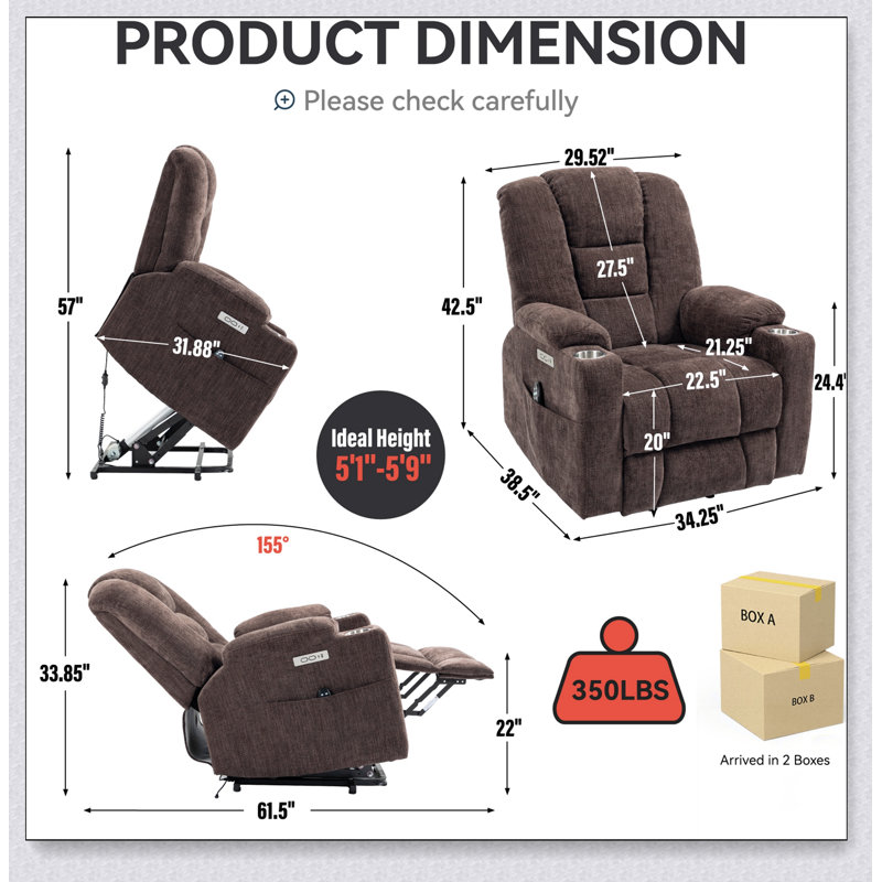 Large Power Lift Recliner Chair with Massage and Heat for Elderly, Brown