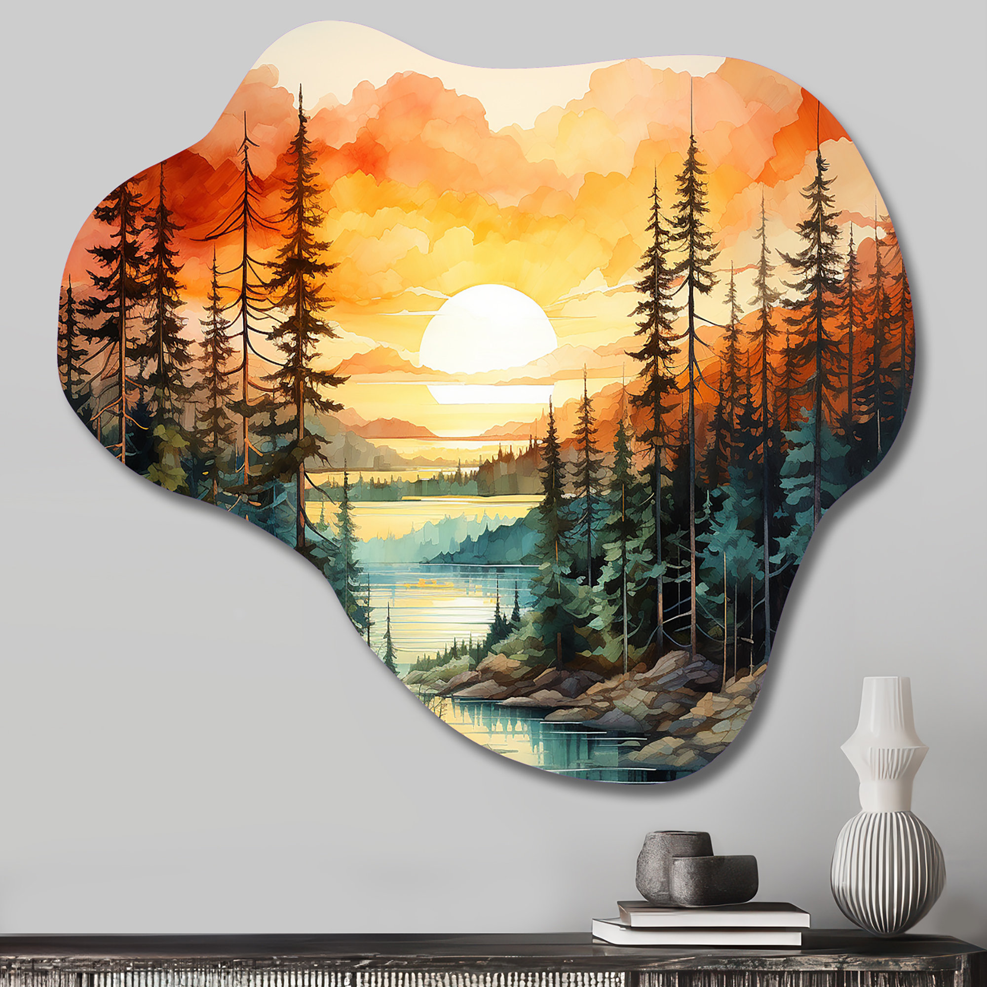 Millwood Pines Pine Tree Sunset Glow II - Tree Pine Cloud Shape Metal ...