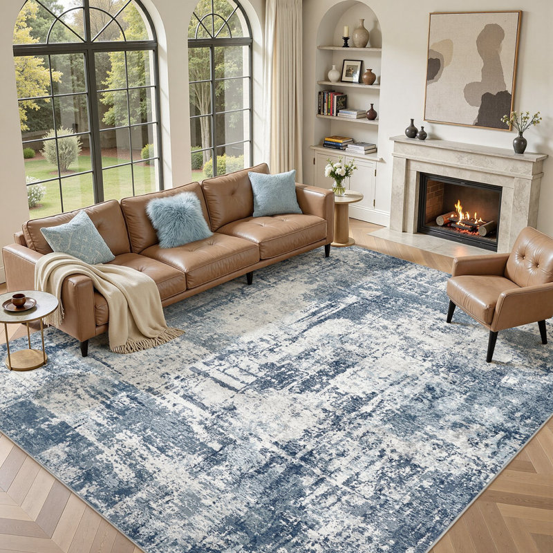 Modern Abstract Area Rug Non Slip Washable Rugs for Living Room Bedroom-Blue, Blue;White, Rectangle 8' x 10'