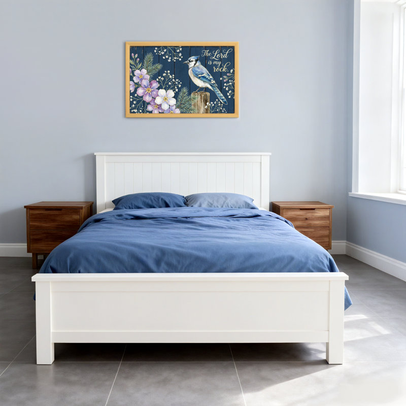 Blue Jay Flowers Wood Background Scripture, Wrapped Canvas, Does Not Apply, 20" H x 30" W