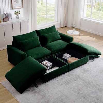 Canapé Corduroy à deux places avec 2 repose-pieds de rangement, canapé modulaire à 2 places, sièges confortables, canapé vert