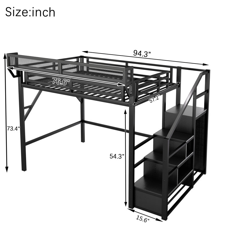 Full Size Metal Loft Bed with Stairs, Storage Shelves & Wardrobe, High Loft Bed for Kids & Teens, Black, Full