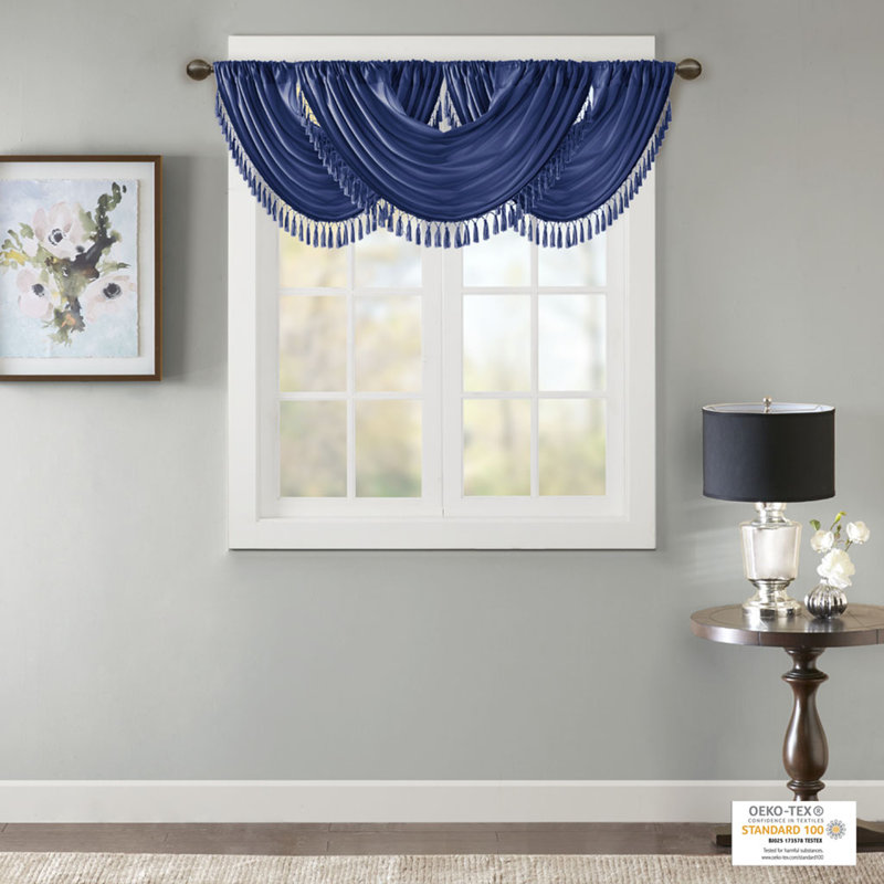 Navy Faux Silk Waterfall Valance with Tassel Trim