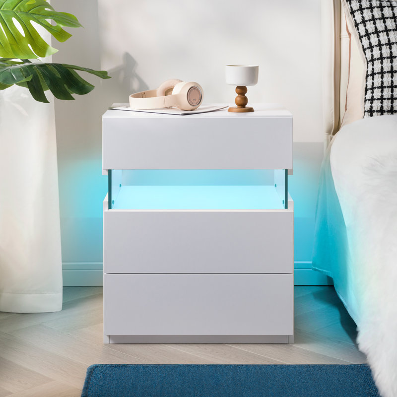 Table de chevet moderne à 3 tiroirs à DEL moderne avec éclairage doux, Blanc pur