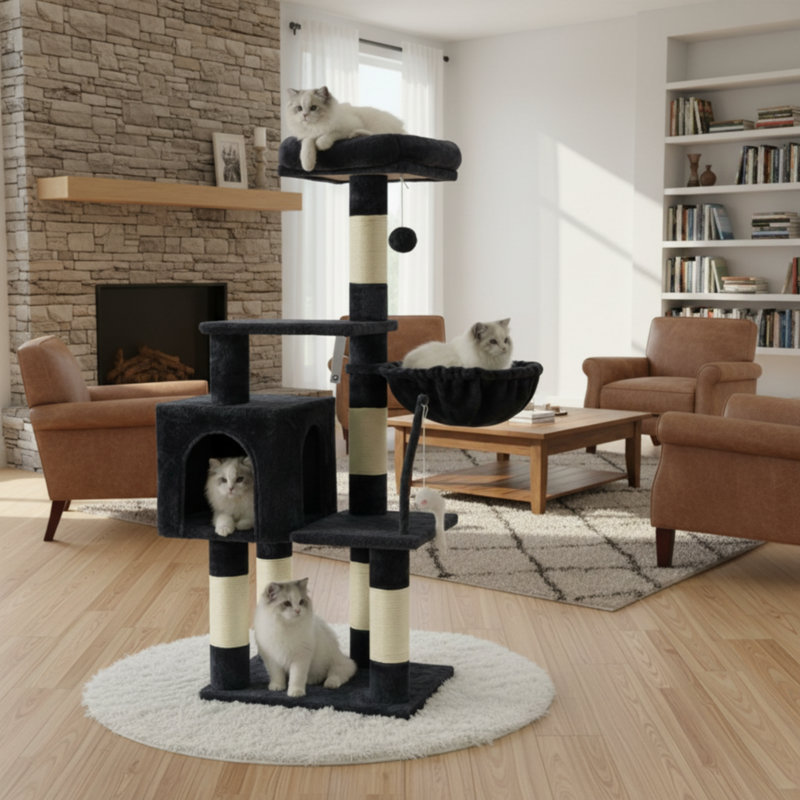 Un arbre à chat d'intérieur gris fumé avec des jouets, un perchoir rembourré, un hamac confortable et des poteaux à griffer en sisal, créant un appartement-tour exclusivement pour les chats.