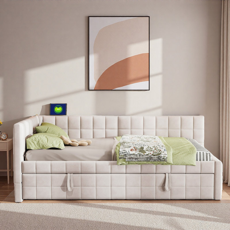 Upholstered L-shaped Daybed With Pop Up Trundle, Usb Ports And Square-block Pattern, Beige