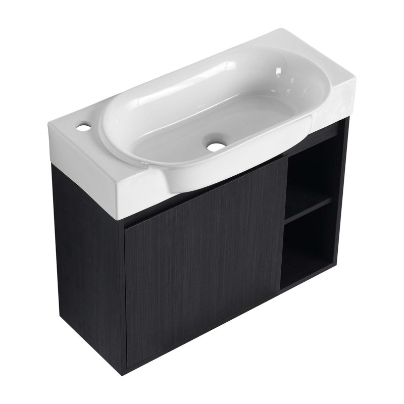 Meuble-lavabo mural 28 po avec lavabo en céramique, porte à fermeture en douceur et tablettes ouvertes, emballage KD