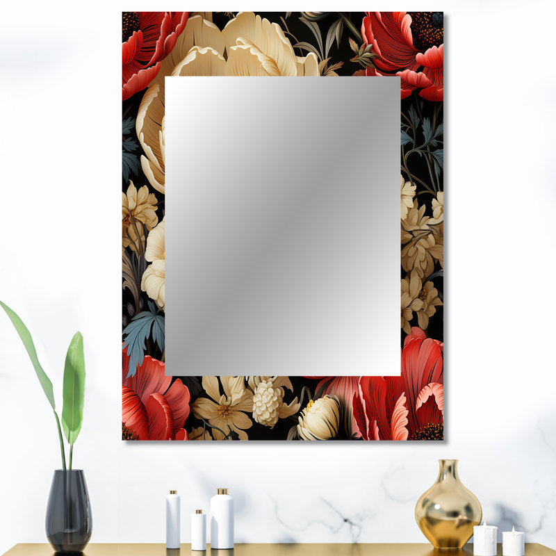 Rouge et beige élégant champ de coquelicots - miroir décoratif floral, grand miroir mural floral, impression d'art en métal