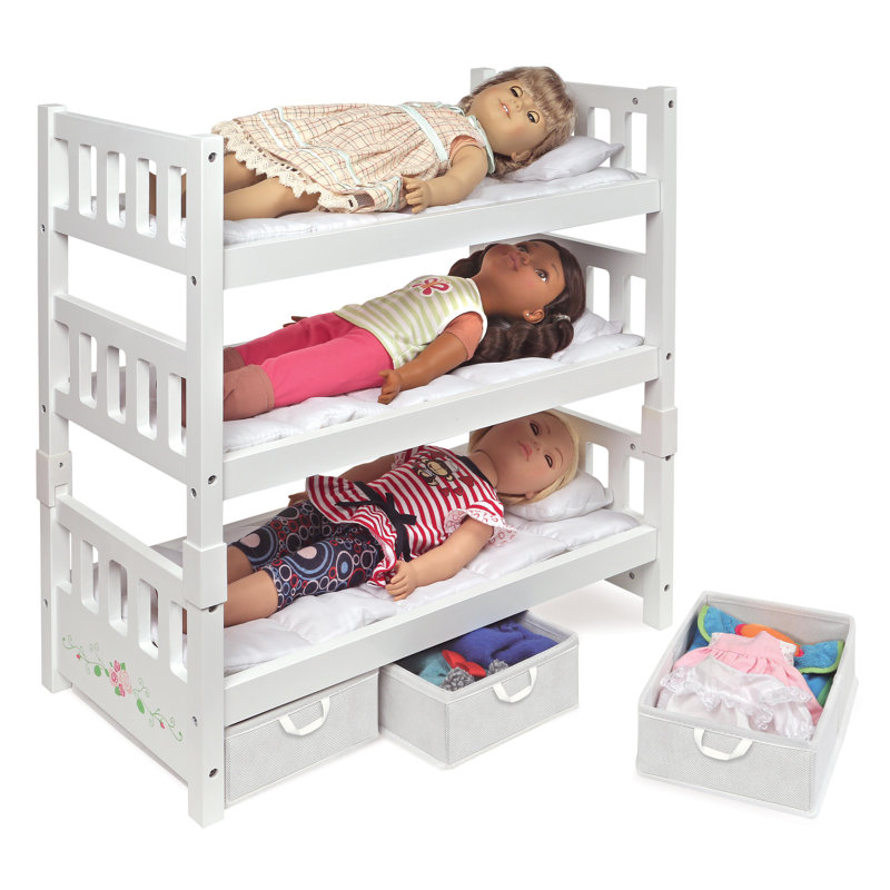 1-2-3 Convertible Doll Bunk Bed with Bedding, Baskets, and Free Personalization Kit