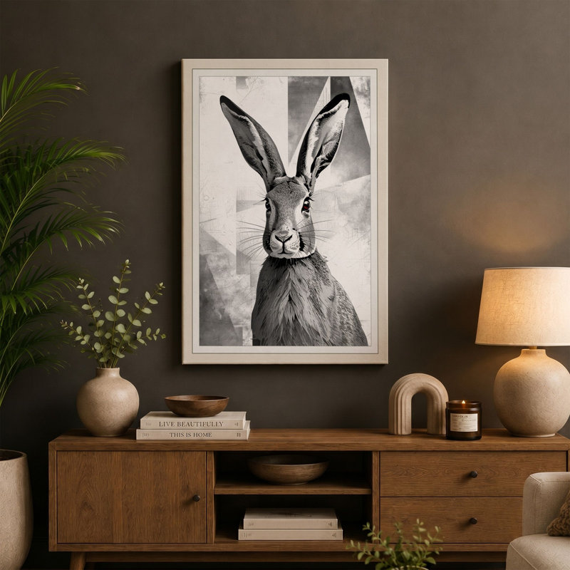 Hare in Ink Japandi - Wrapped Canvas, 30x20 - 76.2 x 50.8 cm, Cream Border