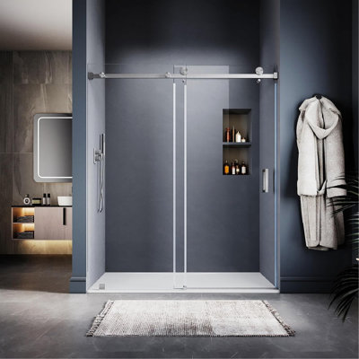 68-72" W * 76" H Stainless Steel Round Tube Frameless Single Sliding Shower Door, 3/8"-Thick (10Mm) SGCC Clear Tempered Glass Door, Reversible Installation, Brushed Nickel