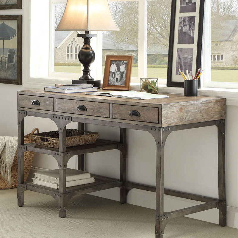 Bureau à 3 tiroirs en chêne vieilli et argent antique