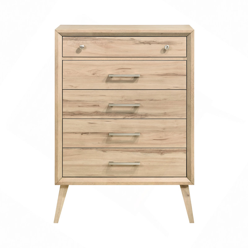 Drawer Dresser, Mid-Century Modern Design Natural Oak Finish Chest Of 5 Drawers Nickel Tone Classic Style Bedroom Furniture 1Pc
