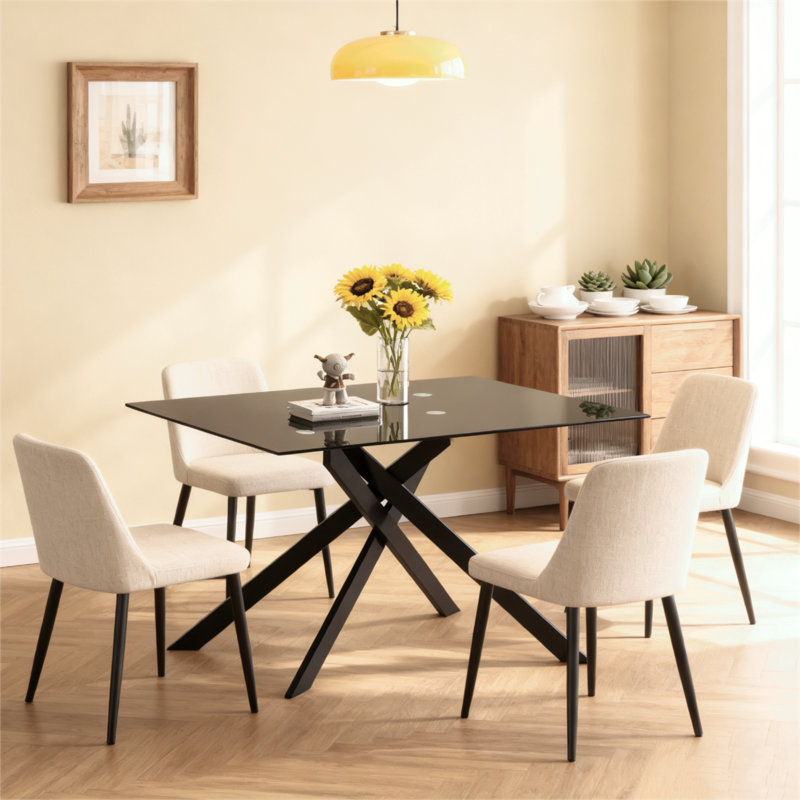 Carlinda Glass Dining Table for 4-6 People, Rectangular Kitchen Table with Cross Metal Legs, Modern Dining Table for Small Spaces