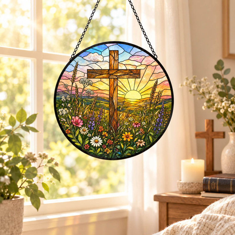 Stained Glass Cross Suncatcher Window Hanging Ornament