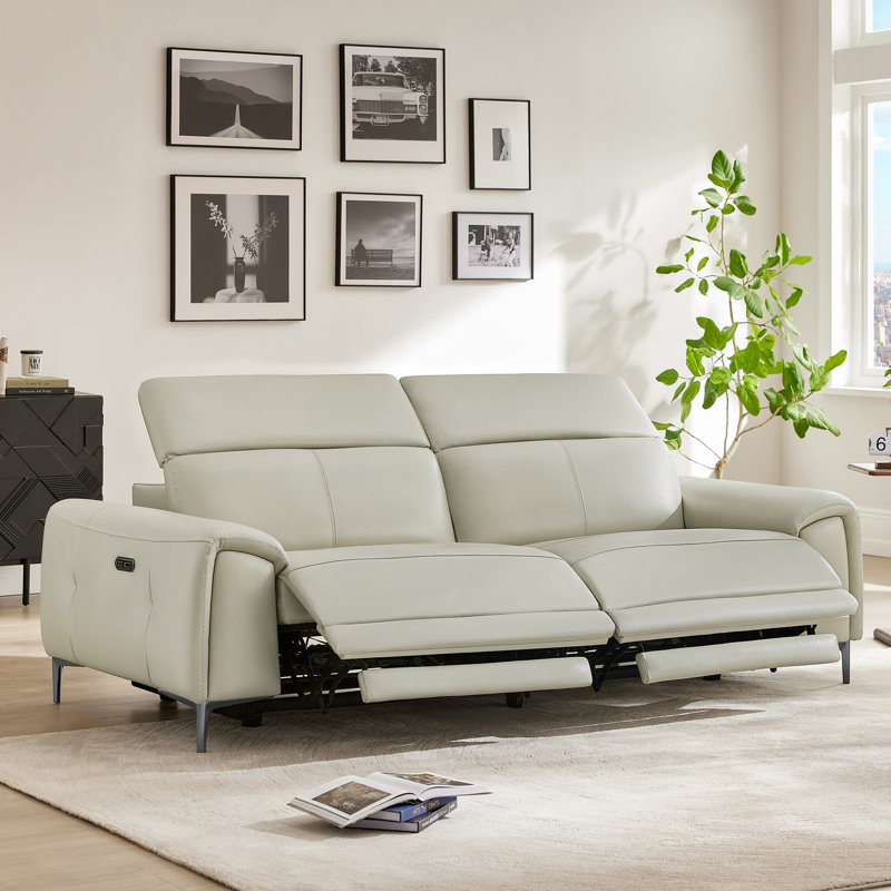 89'' Top-Grain Leather Power Reclining Sofa, Light Gray