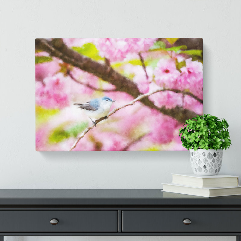 Bird In The Cherry Blossom Tree Painting - Wrapped Canvas, 60cm H x 91cm W x 4cm D