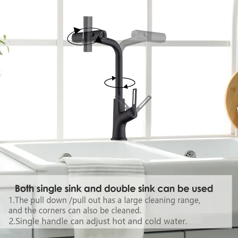 Robinet de cuisine rétractable, rotatif à 360 °, noir mat, poignée simple, eau chaude et froide, robinet à trois réglages en rotation, disponible
