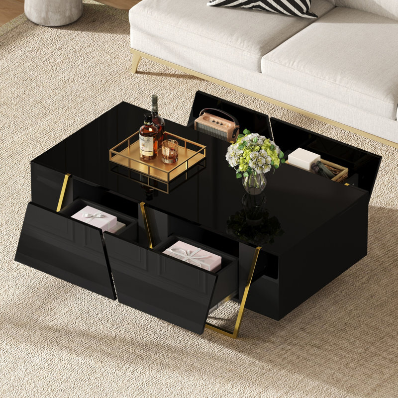 Table basse moderne et ultrabrillante rectangulaire pour le salon avec rangement et base dorée, 4 tiroirs, noir, 47,2 po