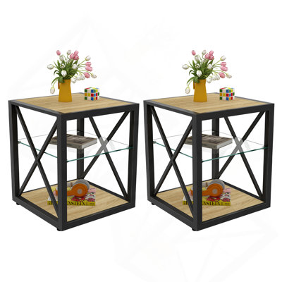 Set Of 2 Modern End Table Nightstand For Bedroom & Living Room, Tempered Glass & Natural Wood MDF Top , Industrial Style Side Table