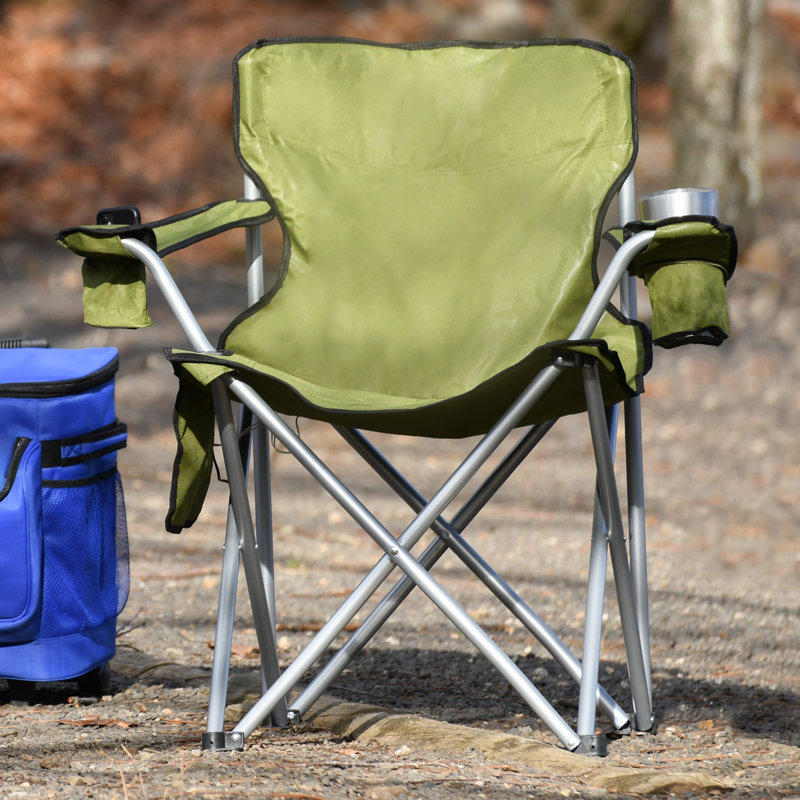 Camp & Go Heavy-Duty Heated Quad Outdoor Camping Chair, Folding Heated Chair with 18" USB Cable, Storage Compartment, and Cup Holder, Moss