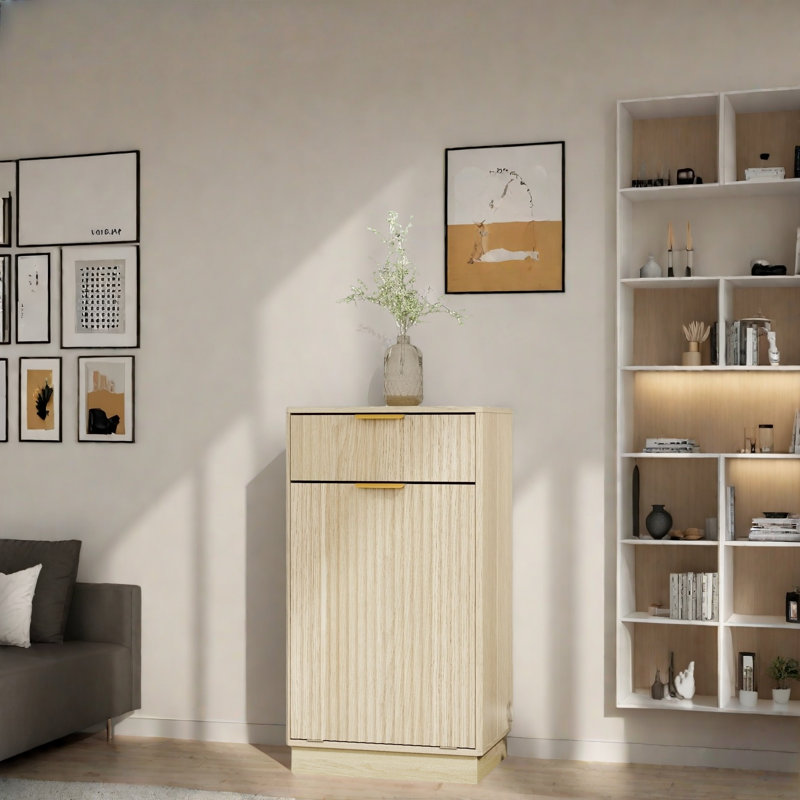 Armoire à poubelle inclinable avec tiroir et poignées en métal, Chêne