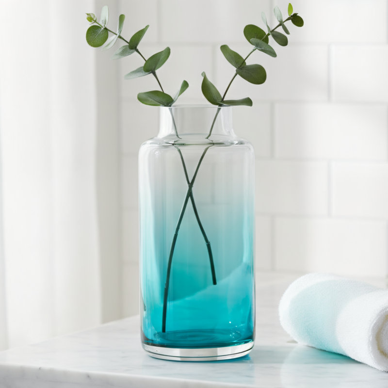 Vase en verre sarcelle transparent soufflé à la main 10 po Ombre
