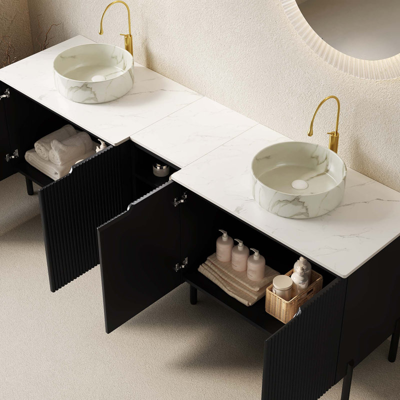 Meuble-lavabo double autoportant avec lavabos en pierre et comptoir robuste