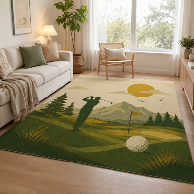 1Pcs Golf Landscape Art Print - Vintage Style Scene with Golfer and Mountains, Soft Plush Area Rug, Washable Easy Care, Non-Slip Backing for Living Room, Bedroom, Kitchen, Office for home detor