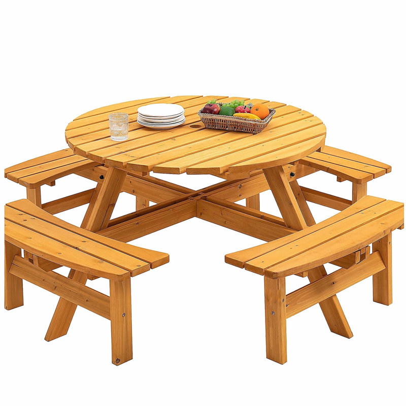8 Person Wooden Picnic Table, Outdoor Camping Dining Table with Seat, Garden, DIY w/ 4 Built-in Benches, 2220lb Capacity - Natural
