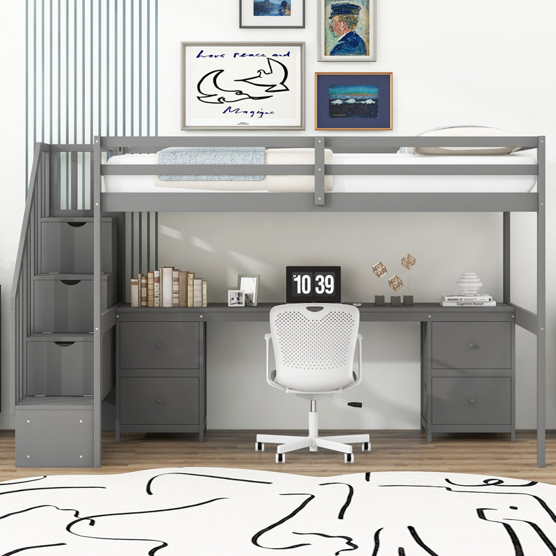 Lit mezzanine simple avec bureau intégré et tiroirs de rangement, structure en bois de pin massif - lit mezzanine pour enfants économisant de l'espace, lit multifonctionnel avec poste de travail