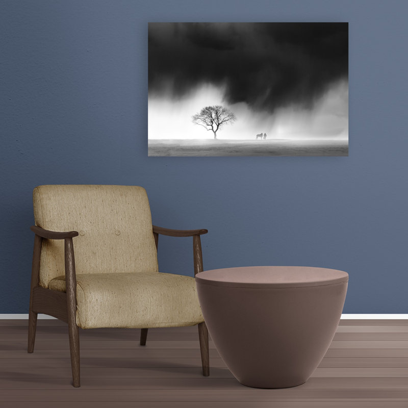 Misty Winter Solitude Dramatic Minimalist Serene Horse Landscape Tree Wall Art Print 1 Piece Wrapped Canvas Wall Art