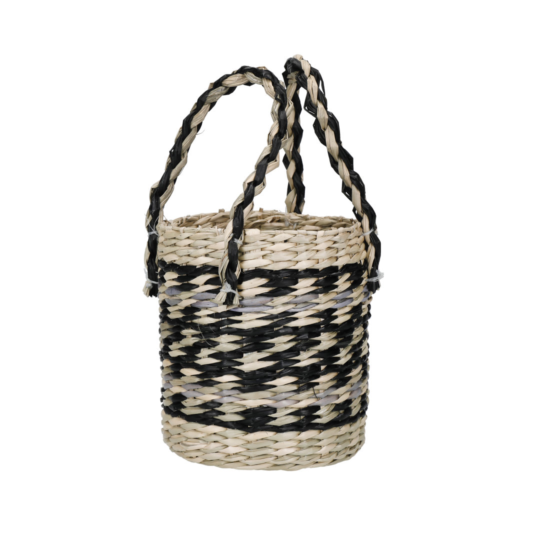 KitchenCraft Seagrass Plant Basket with Handles, Black & Grey Striped Design