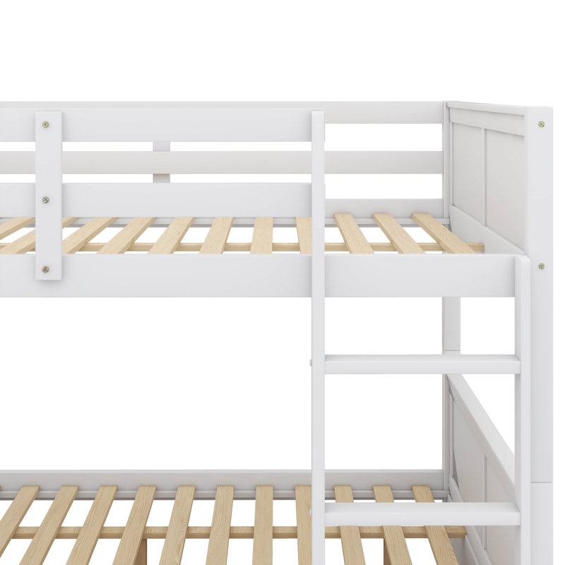 Lit superposé en bois double avec lit gigogne simple, garde-corps et échelle - convertible en deux lits, Blanc